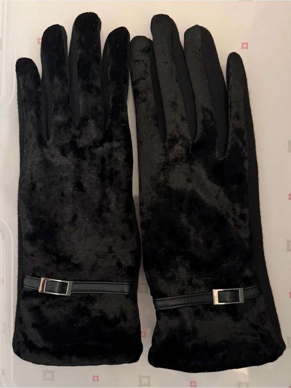 Black Plush Winter Gloves with Accent Buckle